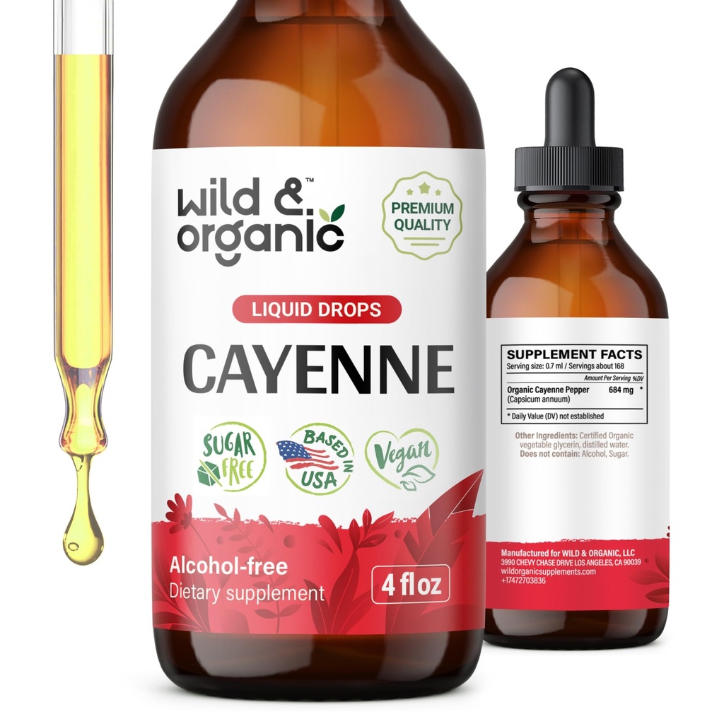 Wild & Organic Cayenne Pepper Ticture - Dukungan Digetsy dengan Ekstrak Capsaicin - Cayenne Pepper Liquid Drops untuk Overall Well- Vegan, Sugar & Alcohol- Free - 4 fl oz