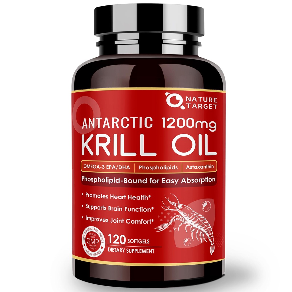 NATURE TARGET Krill Oil 1200 mg dengan Omega- 3 EPA & DHA dengan Astakxanthin, Phospholipids & Choline - Supports Heart, Brain, Join Health, Non-GMO, Gluten Free, 120 Softgels (60 Pelayan)