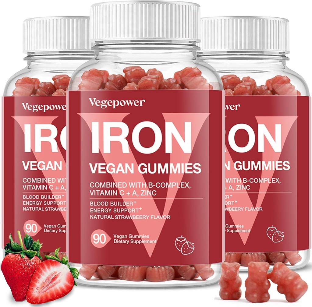 Suplemen Gummies Besi untuk Anak & Perempuan - Multivitamin dengan Besi for Blood Healthy, Great Tasting Vitamin Gummy dengan Vitamin C untuk Peledak Max - Strawberry (3 Paket)
