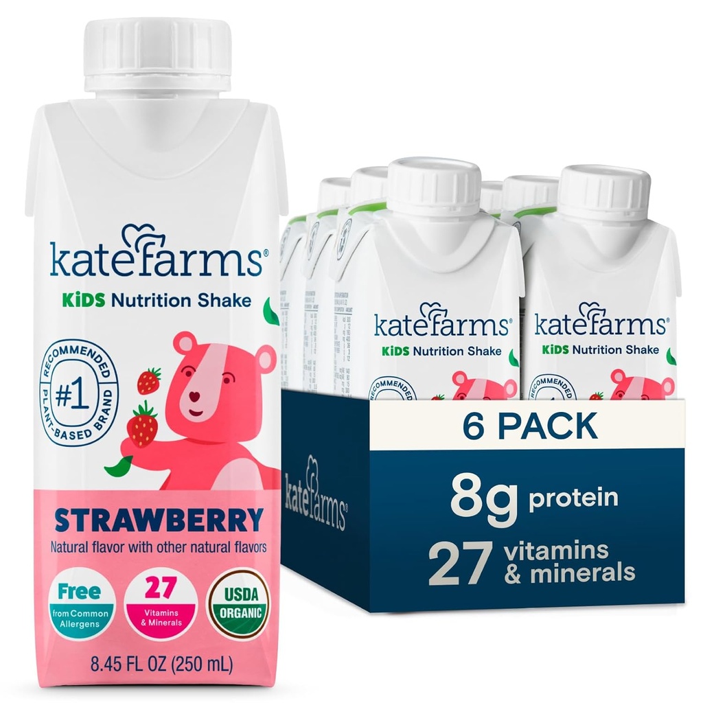 Kate FARMS Organic Kids Nutroition Shake, Strawberry, 8g protein, 27 Vitamin dan Mineral, Meal Replacement, Protein Shake, Non- GMO, 8.45 oz (6 Pack)