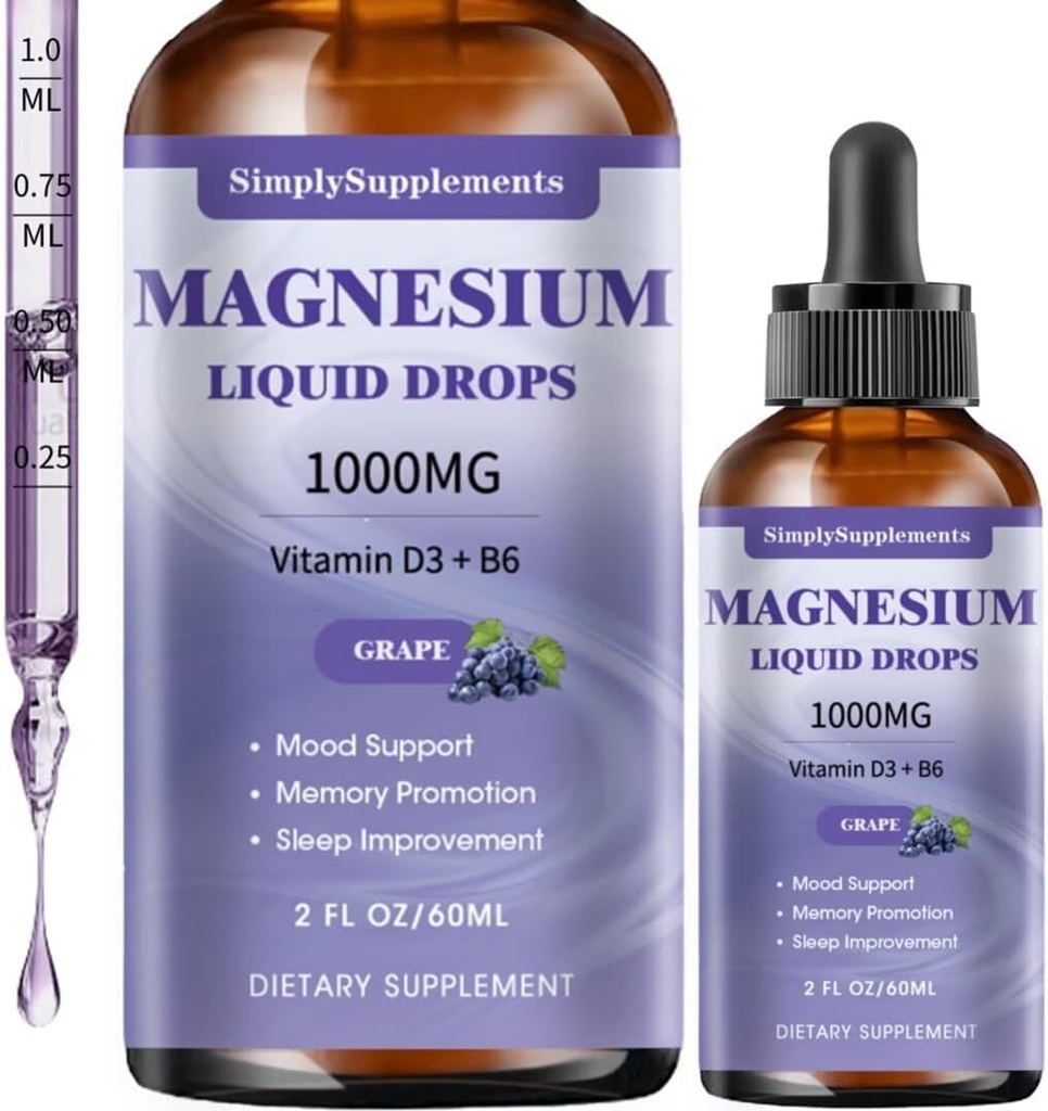 Triple Magnesium Complex Drops, 100mg Magnesium Glycinate Drops, Tadrate & Citrate with L- theanine, Vitamin D3 & B6 for Sleep and Muscle Duck Magnesium, Calm Magnesium, Grape Flavor, 2 Fl OZ