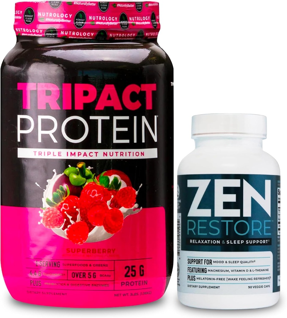 Powder Protein Nutrologi TRIACT, 7-in 1 Penggantian Meal Shake, Superberry (40 Pelayan) Zen Natural Magnesium Tambahan (30 Pelayan)
