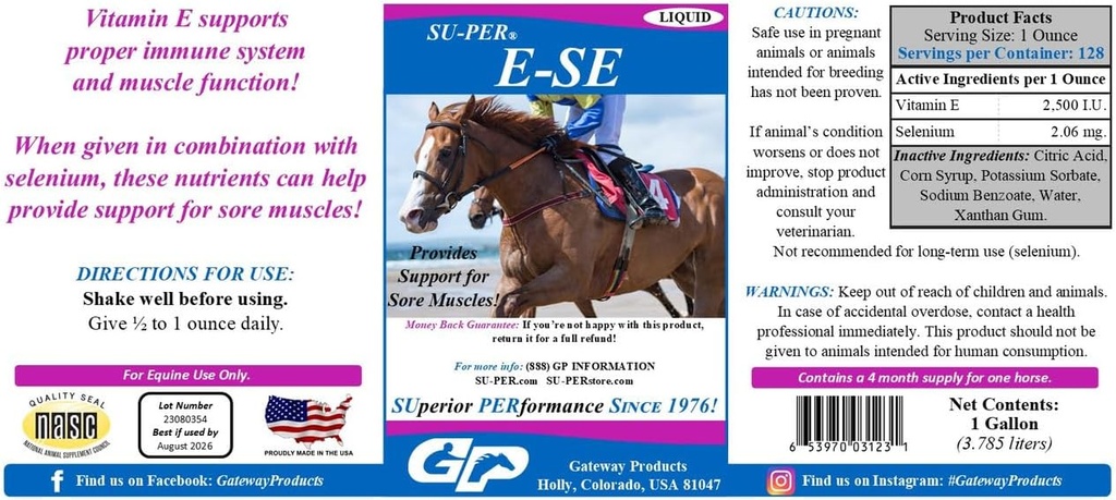 Sul-PER E-Se Horses Antioksidan Tambahan - Vitamin E & Selenium untuk Dukungan Otot Sore - 1 Gallon, 4 Bulan (120 Hari)