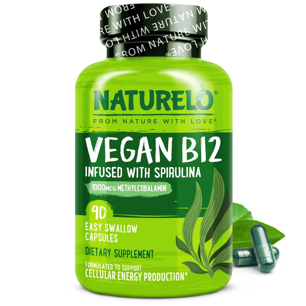 NATURELO Vegan B12 - Metil B12 dengan Organik Spirulina - Potabilitas Tinggi B12 1000 mcg Methylcobalamin - Supports Healthy Mood, Energy, Heart & Eye Health - 90 Capsules
