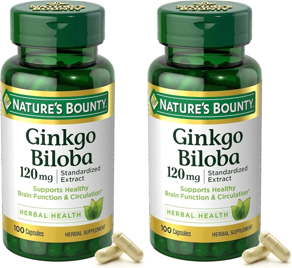 Nature 's Bounty Ginkgo Biloba Standardisasi Ekstrak 120 mg, Herbal Bottles, Capsule, 100 Count, Paket 2
