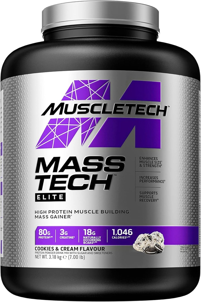 Gainer Protein Powder MuscleTech Mass- Tech Mass Gainer Whey Powder + Muscle Builder Powder Creatine Suplemen Cookies and Cream, 7 pon (Paket May Vary)