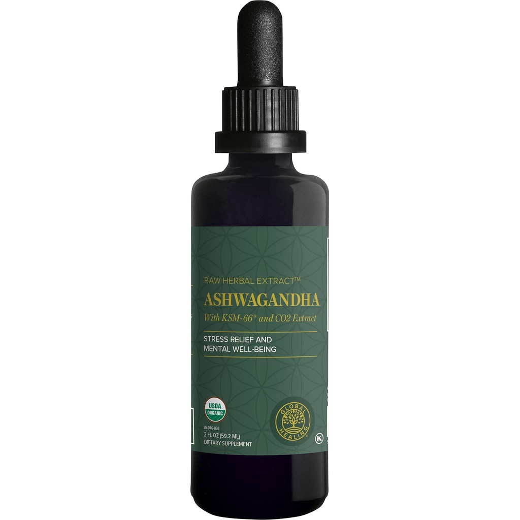 Global Healing Center - Organic Ashwagandha Suplemen Drops - KSM-66 Ashwagandha Kekuatan Ekstra untuk Pria & Women, Membantu Bantuan Provious dari Stress, Mood Dukungan, Organik (2 Fl Oz)