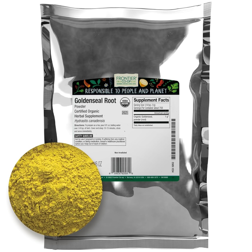 Frontier Co-op Organic Goldenseal Root Powder, 1 / 4 lb - Earthy, Bitter Herbal Root dengan Warna Kuning Terang untuk Tea dan Resep Tincture - 4 oz