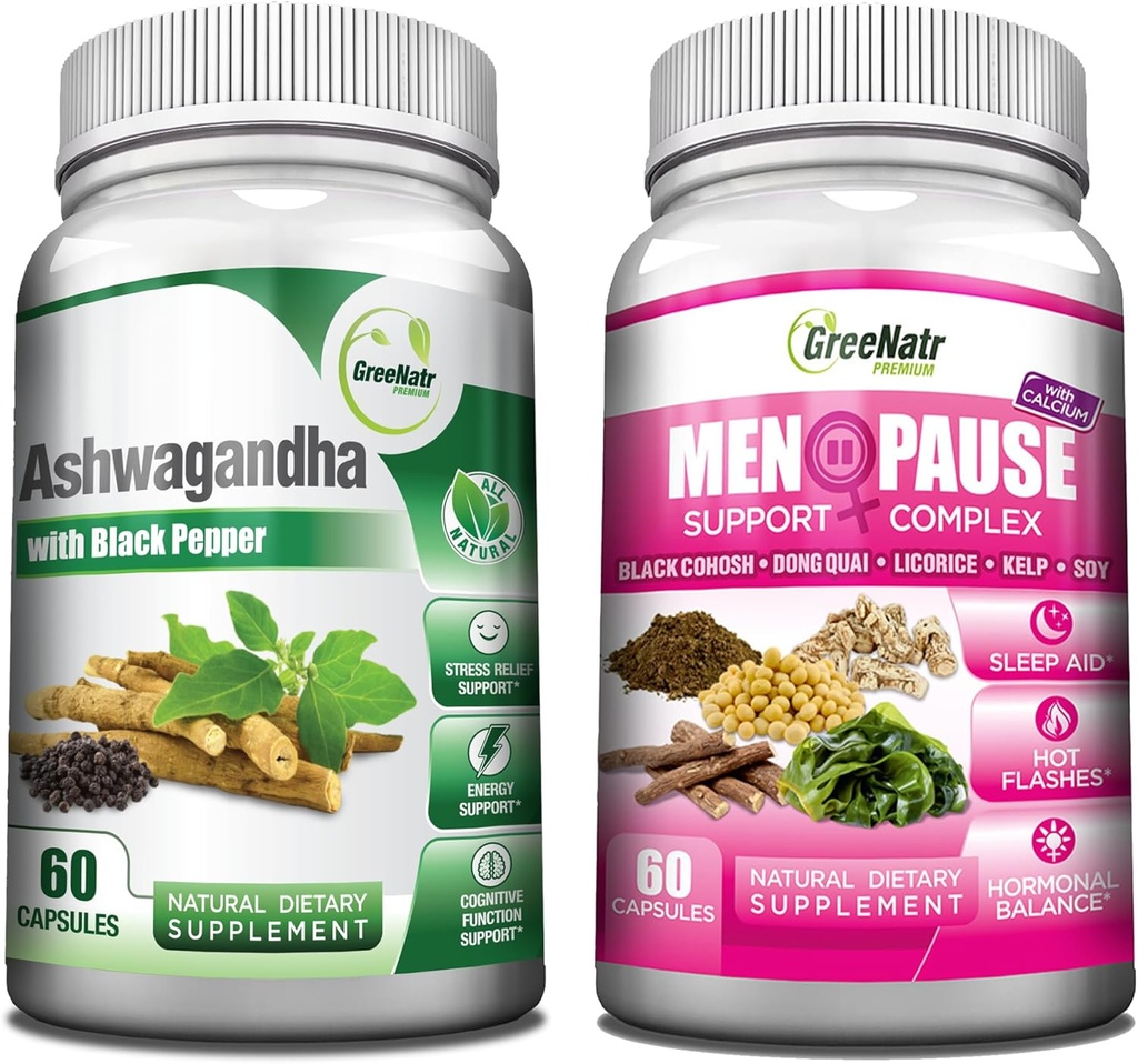 GreeNatr Total Wellness Support dengan Ashwagandha Capsules dengan Black Pepper untuk Enhanced Absorpsi - dan Natural Menopause Herbal Complex