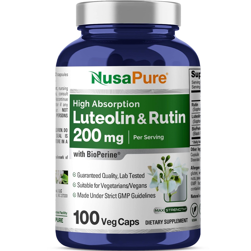 Kompleks NusaPure Luteolin dengan Rutin 200 mg 124; 100 Capsules 124; Vegetarian, Non- GMO & Vegan Flavonoid Formula