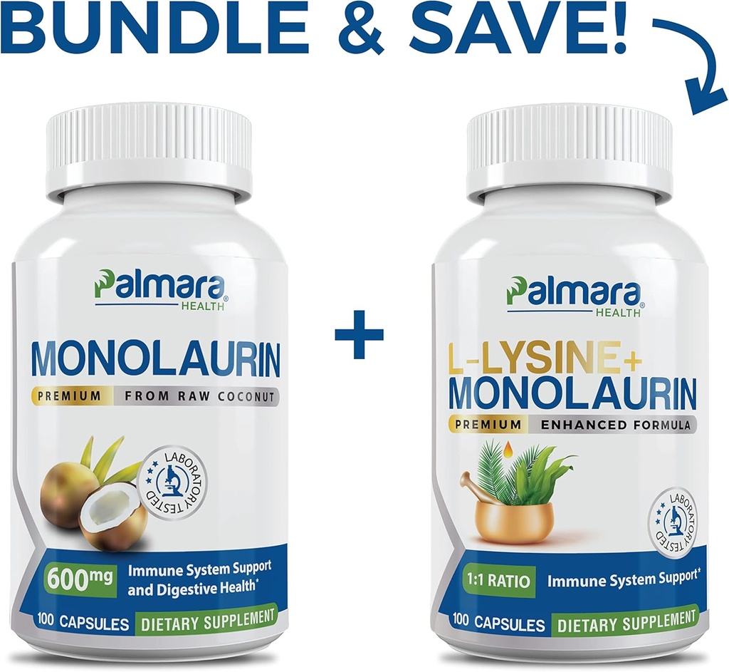 Palmara Health Premium Monolaurin 600mg + L- Lysine + Monolaurin Combo