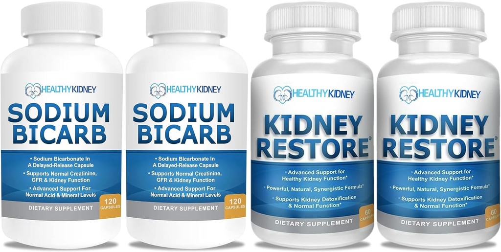Sodium Bicarbonate 650mg Capsules for Acid Relief, Alkalinity 120 Pil 2-Pack + Ginjal Mengembalikan Ginjal dan Supplemen Kesehatan Ginjal, 60 caps - 2 Pack