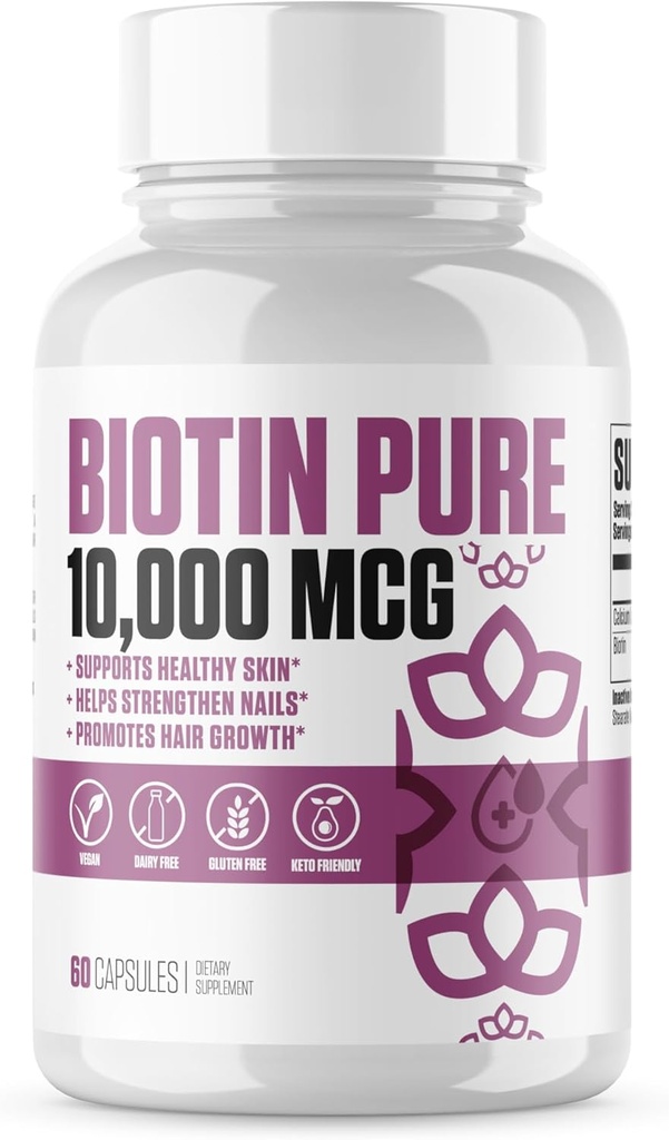 Biotin Pure 10,000 MCG + Calcium 124; # 1 Max Dose Biotin B7 Pills for Healthier & Longer Hair, Skin & Nails 124; Vegan Capsules for Men & Women