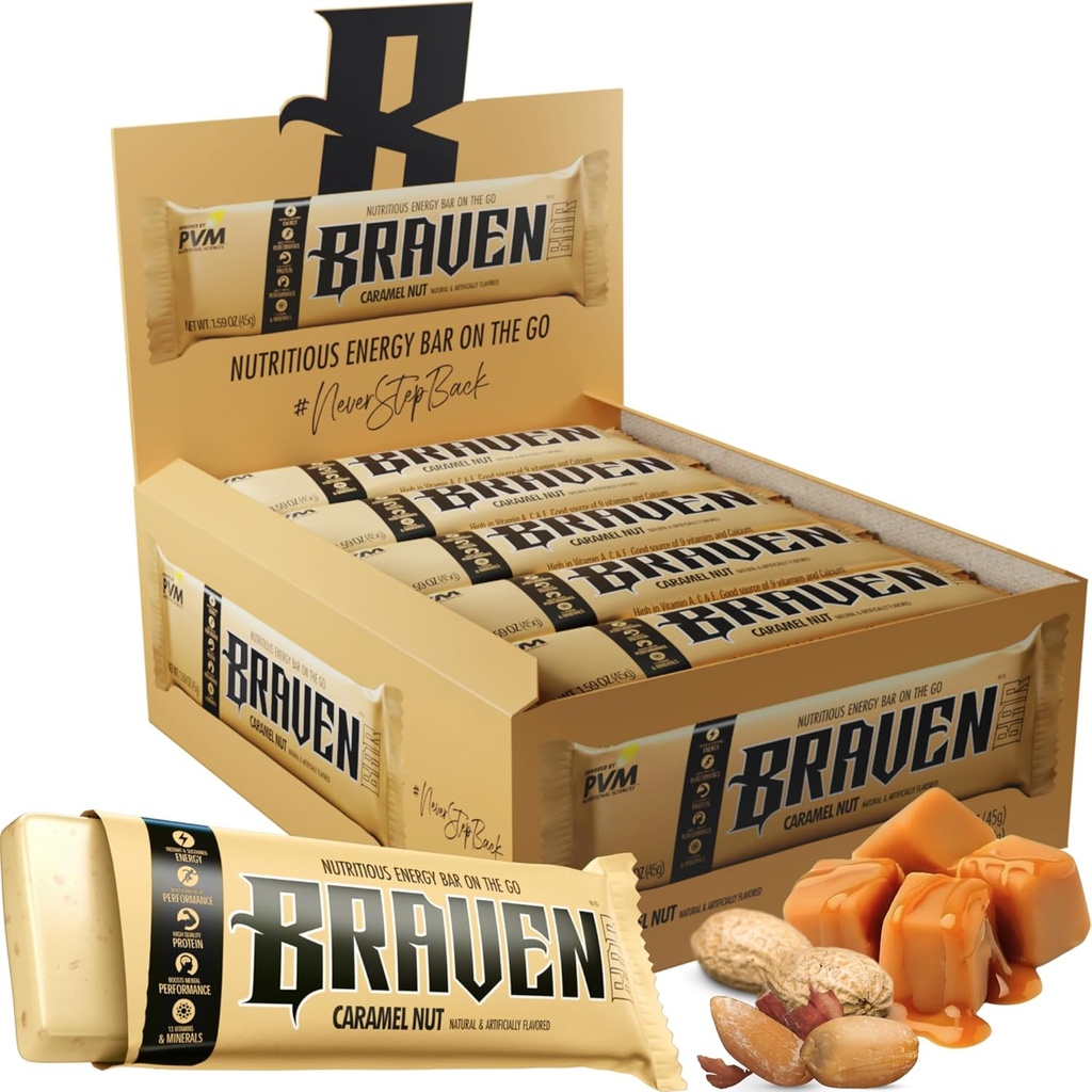 Braven Bar Caramel Nut Energy Bars (1.59 oz, Pack of 20) - Tegy Chews with 5g Protein - OntheGo Energy Snacks for Running, Hiking, and Sports - Gluten Free Snacks for Substained Energy Boost