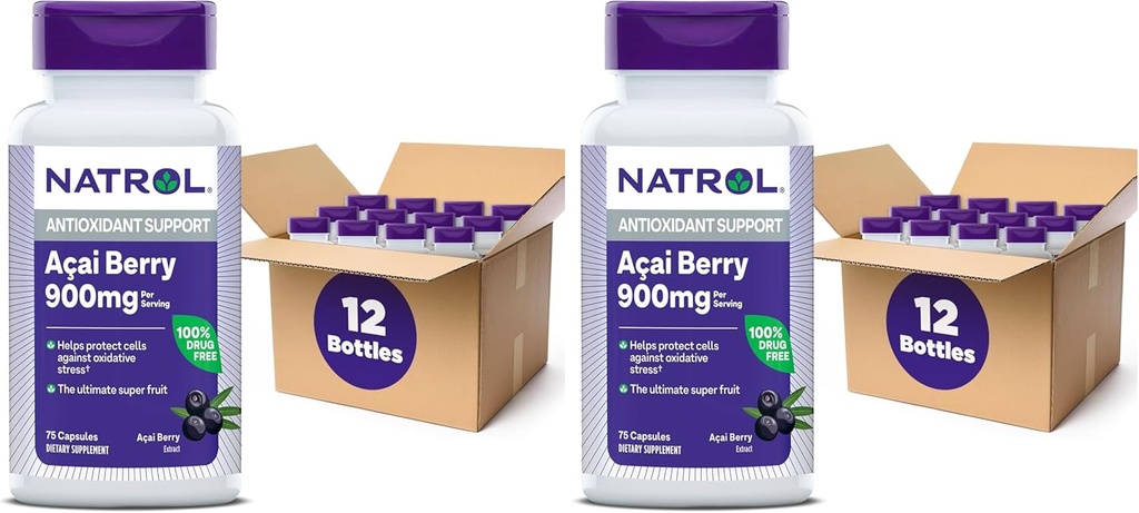 Natrol Acai Berry, Tambahan Dietary, Perlindungan Antioksidant & Pertahanan, The Ultimate Super Fruit, 1,000 mg Veggie Capsules, 75 Count (Paket 24)