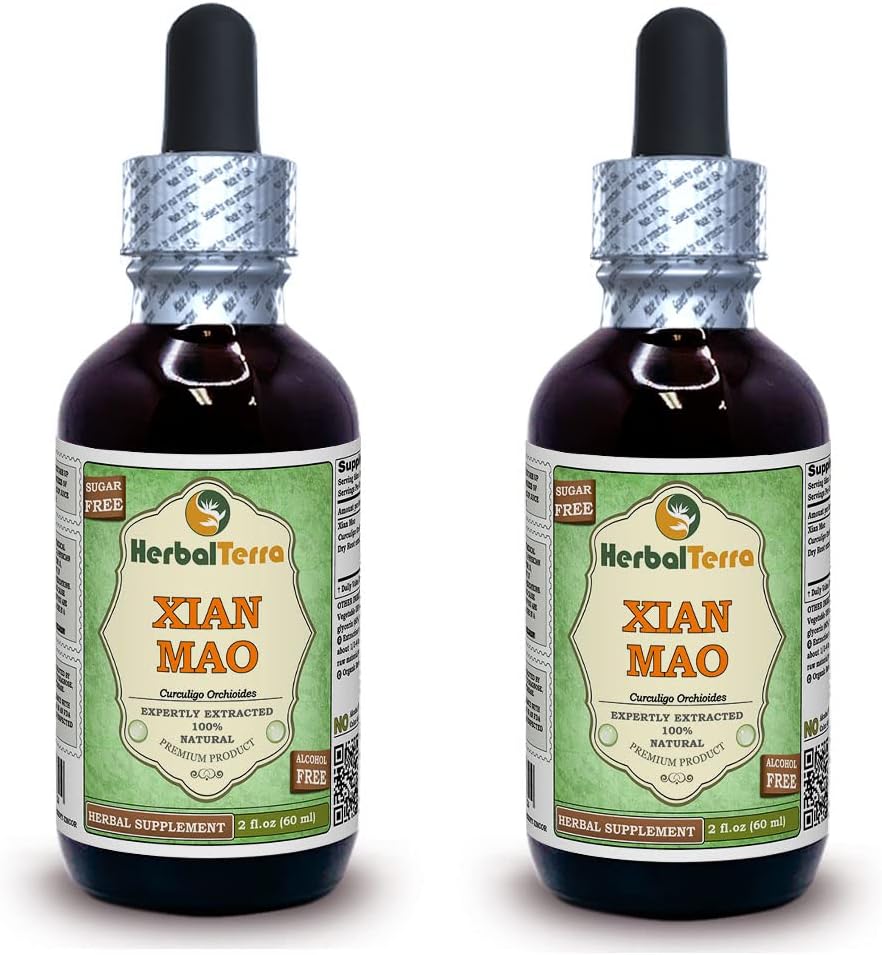 Xian Mao, Curculigo (Curculigo Orchioides) Glycerite, Root Powder Dirry Alcohol- Free Liquid Extract (Nama Merek: HerbalTerra, Proughtly Made in USA) 2x2 F.oz (2x60 ml)