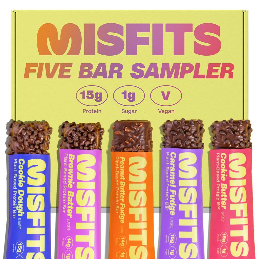 Misfits Vegan Protein Bars - Updated Recipe 124; Plant Based, Low Sugar & Carb, High Fiber Snacks 126; Variety Sample Pack untuk Trial The Flavors 124; Pack dari 5 (1 dari Setiap Flavor)