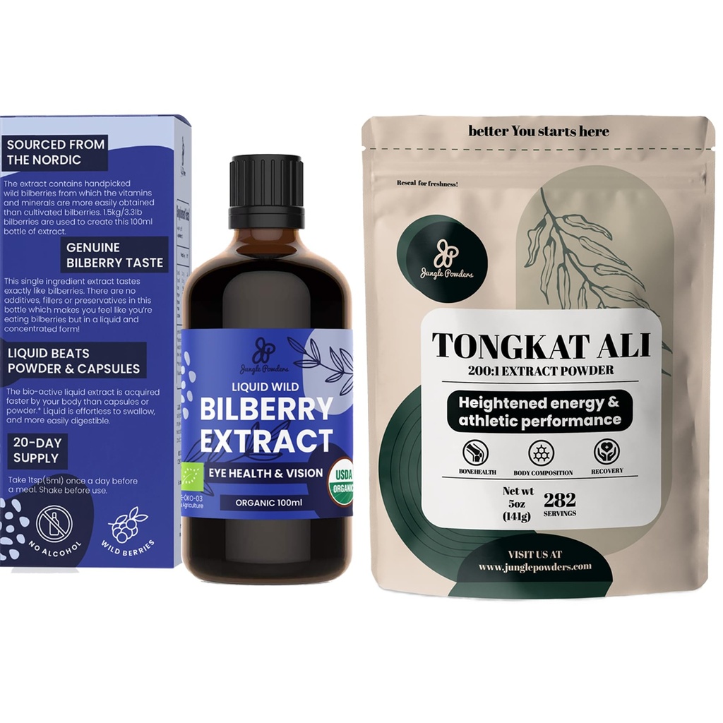 Jungle Powders Tongkat Ali for Men Pounders 200: 1 Extract 5 Ounce Bag, Wild Bilberry Extract for Eyes Organic 3.4oz Tambahan Bilberry Botol untuk Mata