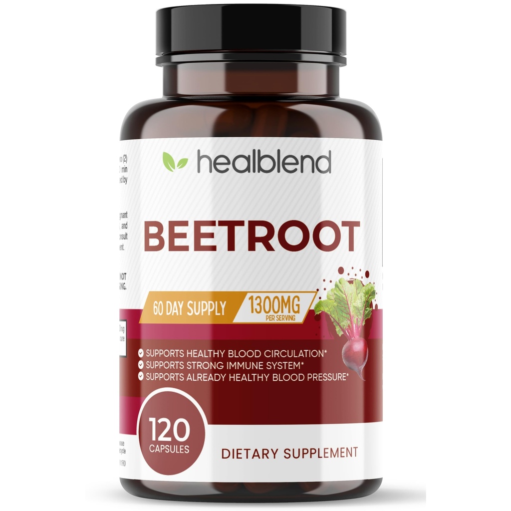 Healbend Organic Beet Root Capsules 1300mg - Nitric Oxide Booster Dukungan Tekanan Darah Sehat, Kesehatan Jantung, Sirkulasi Superfood - 120 Count