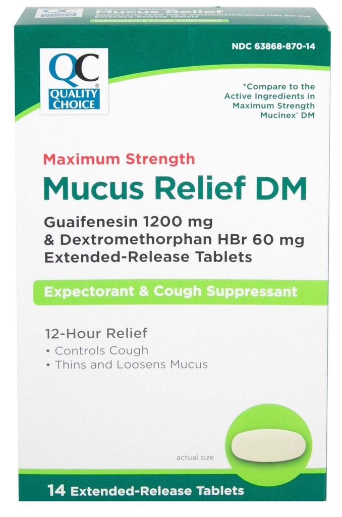Quality Choice Maximum Power Mucus Relief DM, Cough Suppresan dan Expectorant, 12 Hour Relief, Guifenesin 1200 mg dan Dextrothorfan HBr 60 mg Extended Report Talet, 14 Count