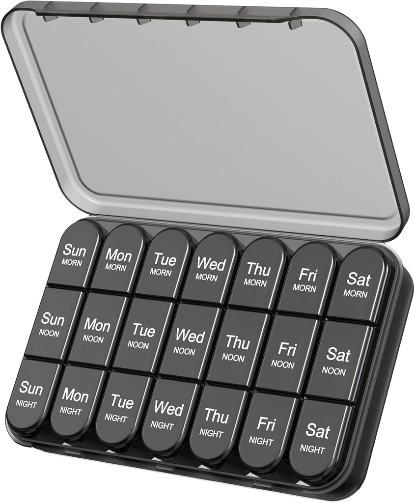 Daviky Pill Organizer 3X sehari, Weekly Pill Box 7 Day, Travel Pill Case with Large Containers, Light- Proof Pill Case for Vitamins, Medication, Suplemen and Fish Oils (Hitam)
