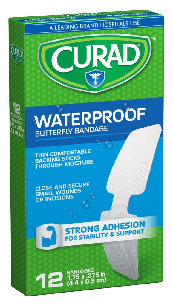 Cumad Waterproof Butterfly Adhesive Bandages, 1.75 "x .375", 12 Count