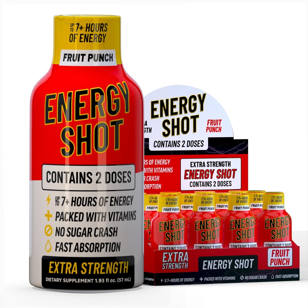Fruit Punch Extra Energy Shot 12 pk - 260mg Natural Caffeine B12 - Energy & Focus Dups - 2 Servings Sugar Zero Calorie Green Tea B- Vitamin Electrolites Vegan - 1.93 fl oz