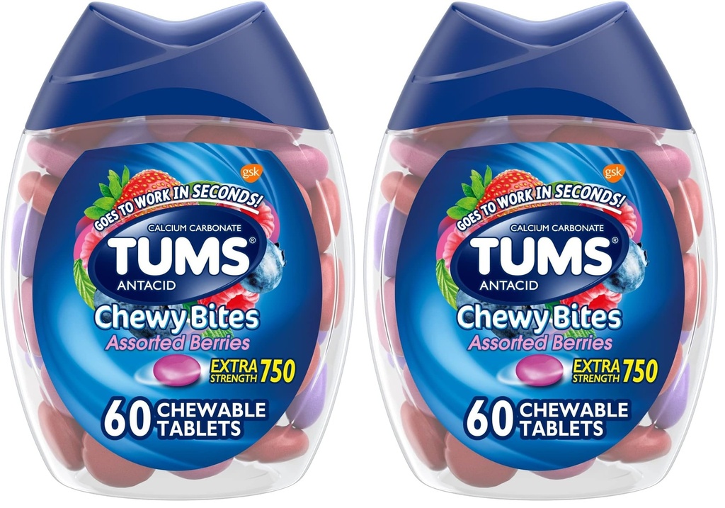 TuMS Chewy Bite Antax Tablet untuk Relief Heartburn dan Relief Acid Intervention, Berries Yang Disukai - 60 Cacah (Paket 2)