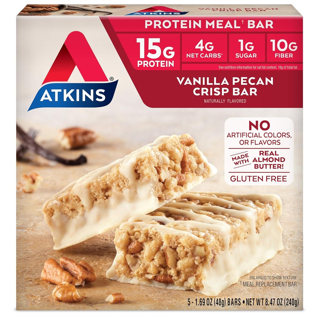 Atkins Vanilla Pecan Crisp Protein Meal Bar, High Fiber, 1g Sugar, 4g Net Carb Replacement, Keto Friendly, 5 Count
