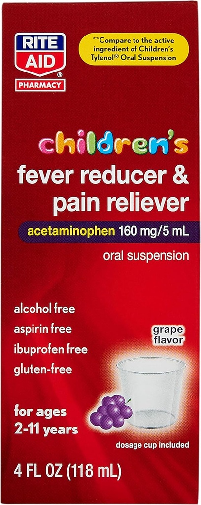Acetaminofhen Rite Children 's Acetaminophen, Grape Flavor, 160 mg - 4 flf oz 124; Reliever menyakitkan dan Pengungsi Demam; Kings Cold Medicine 12- 11 Years