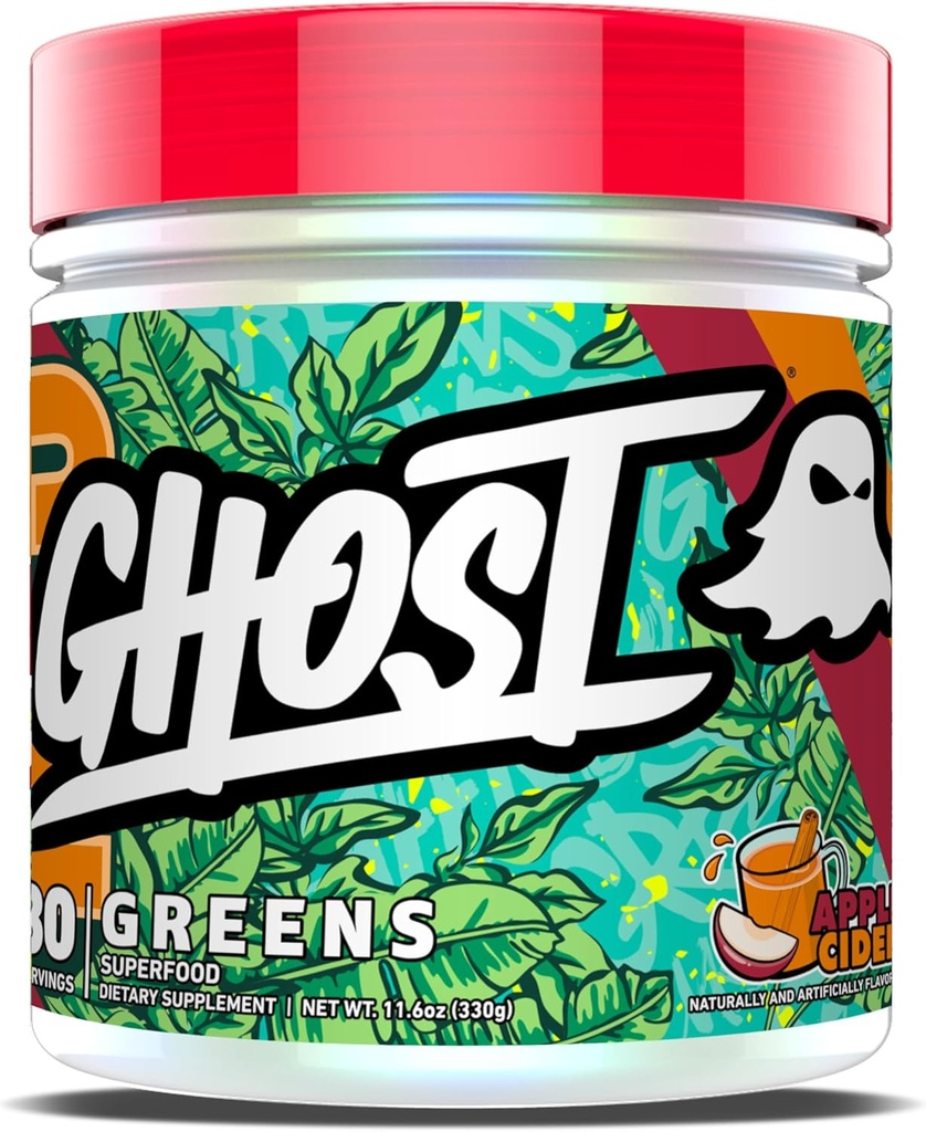 GHOST Greens Powder, Apple Cider - 30 pelayan - 19 Superfood Greader & Reds Powder, Fruits, Spirulina, & Chlorella, Pregories, 10 Milyar CFU Probiotic & Digevital Enzymes - Gluten- Free