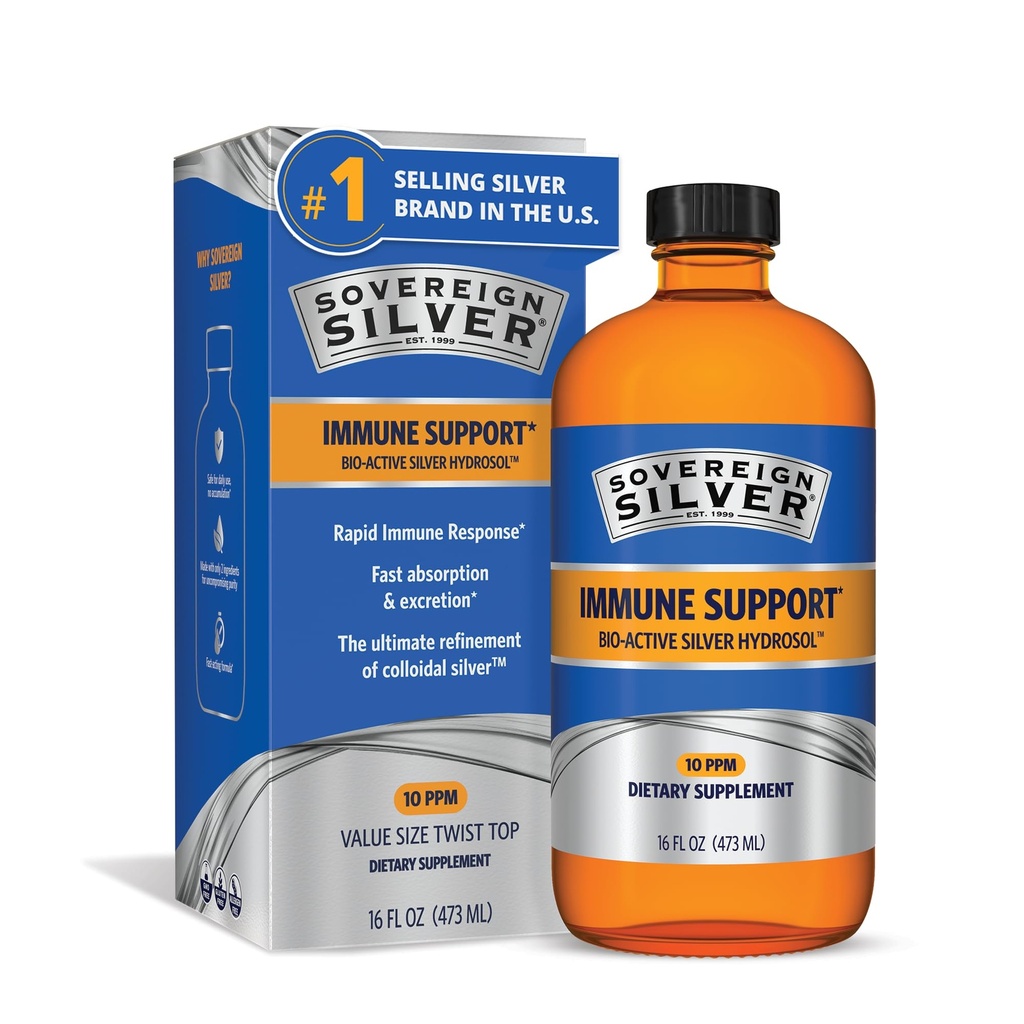 Sovereign Silver Imune Dukung - Colloidal Silver Silver Silver, Bio- Active Silver Hydrosol, 10 plum, Liquid Twist Top, 16 Fl Oz, (473 mL)