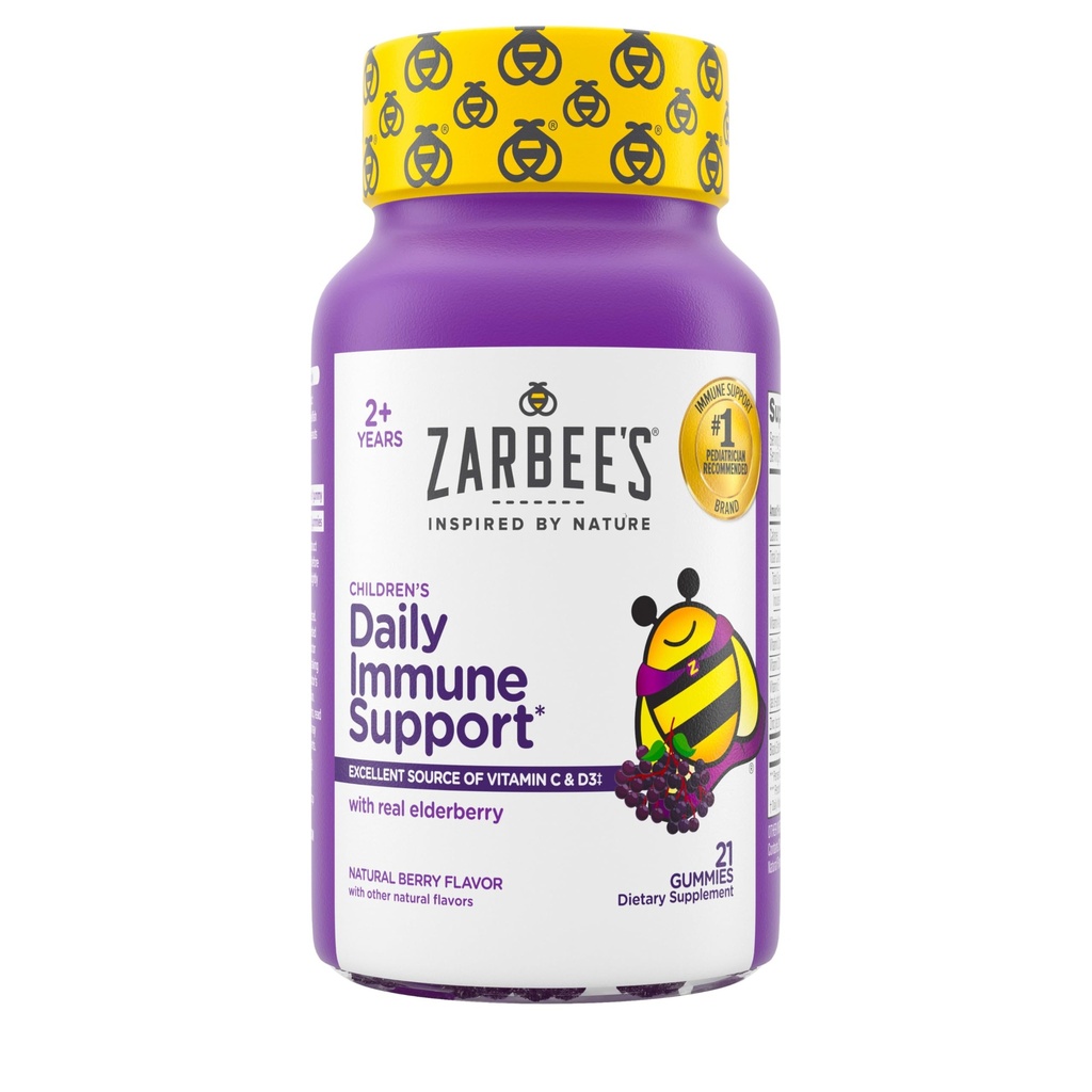 Cemilan Elderberry Zarbee untuk Anak-anak dengan Vitamin C; Zinc & Elderberry; Daily Chidrens Ammune Dukungan Vitamin Gummy untuk Anak-anak Ages 2 dan Up; Natural Berry Flavor; 21 Count