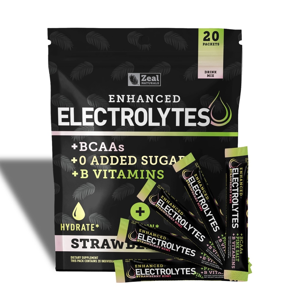 Enhanced Electrolite Powder Stick Packs (Strawberry Kiwi 124; 20 Paket) w / 0 Sugar + BCAS + B-Vitamin Electrolyte Supplemen w Poteminc & Magnesium for Hydration - Keto Electrolytes