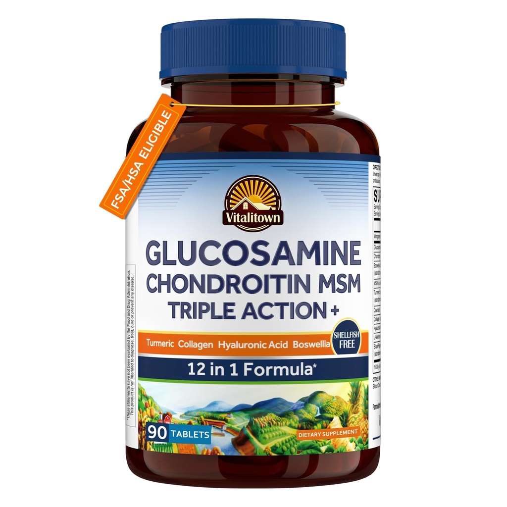 Vitalitown Glucosamin Chondroitin MSM 124; Collagen, Boswellia, Turmeric, Acid Hyaluronic, Bromelain 124; Triple Action + Formula 124; 12 Ingrecument 124, 90 Tablets, No Shellfish