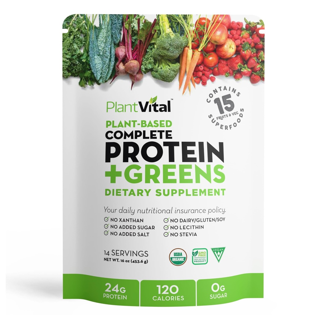 Plantvital Unfedered Organic Vegan Powder - 15 Superfood, Vegies dan Progories - Organic Plant - Based Protein Poader - All BCAA, Gluten Free - 16oz -1 Pouch
