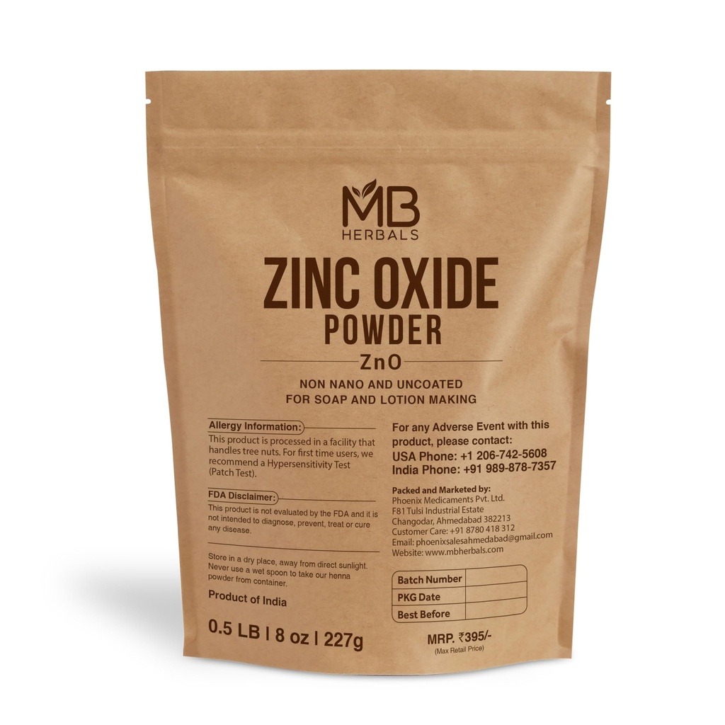 MB Herbals Zinc Oxide powder 8 oz 124; Uncoated & Nun-Nano 124; For DIY Sunscreen Lotion & Cream