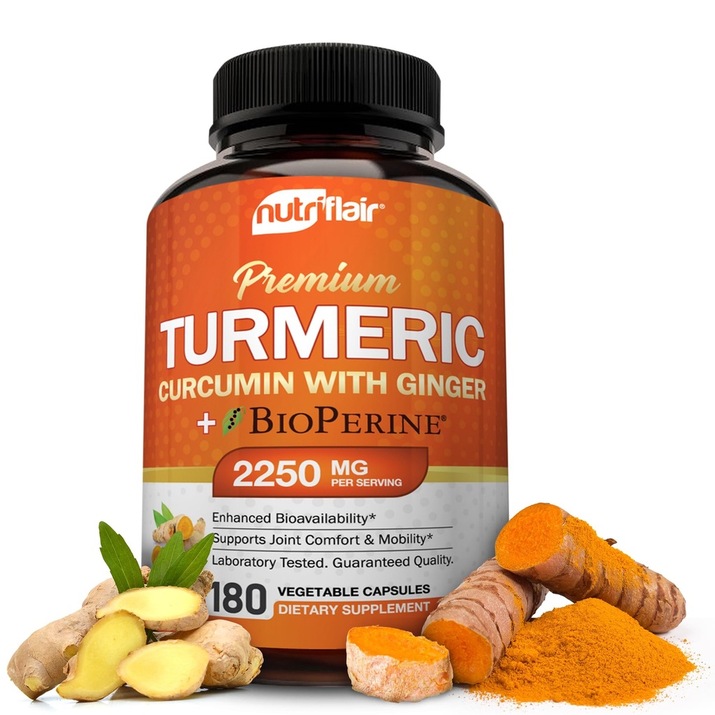 NutriFlair Turmeric Curcumin dengan Ginger dan BioPerine Black Pepper Suplemen, 180 Capsules - 95% Curcuminoid - Dukungan Gabungan, Antioksidant, Anti Aging - Natural, Non-GMO, Vegan Maksimal Potensi