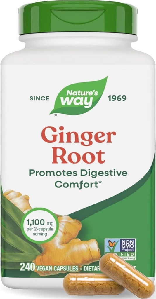 Nature 's Way Ginger Root Capsules 550 mg per kapsul, Digetical Comfort * Reduces Motion-Redution- Related Naval *, 1.100 mg per 2 Capsules, Non-GMO Project Verified, Vegan, 240 Count (Packaging May Vary)