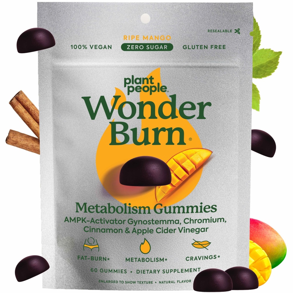 Plant People WonderBurn Metabolisme & Craulings Control Kimmies, Zero Sugar, Ripe Mango Flavor (60 Count)