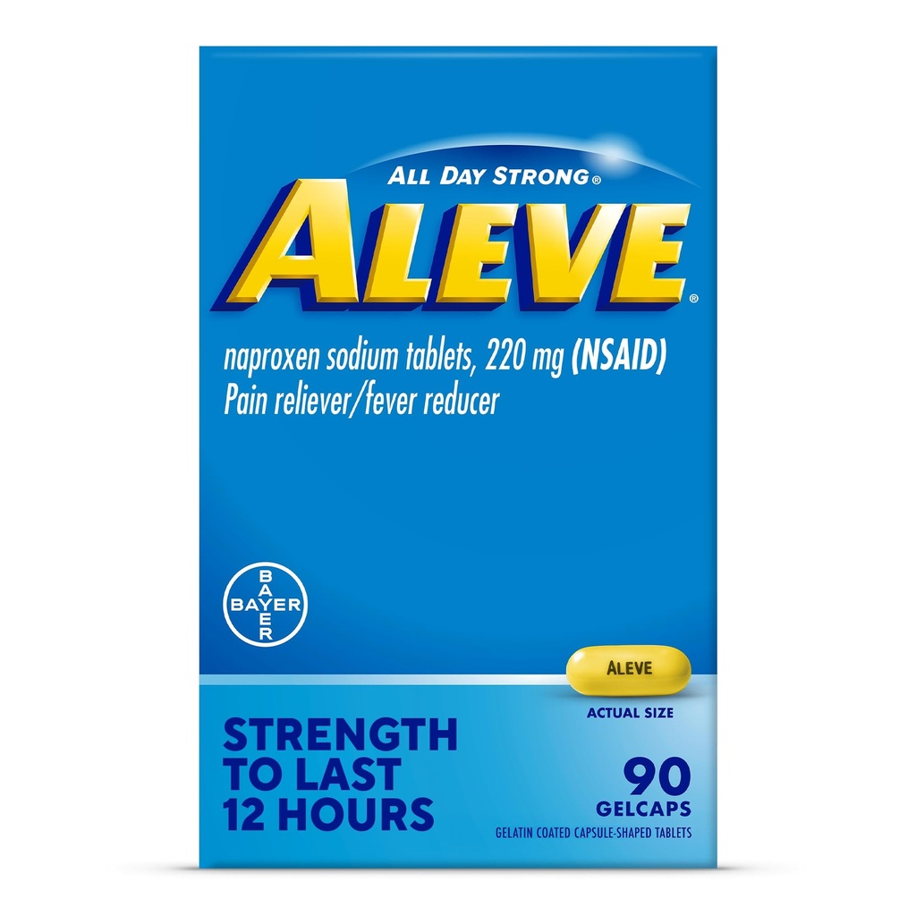 Aleve Pain Reliever & Fever Reducer Gelcaps, Naproxen Sodium, Headache dan Back and Body Relief Medicine, for Dewats and Children Ages 12 and Up, 90 Count