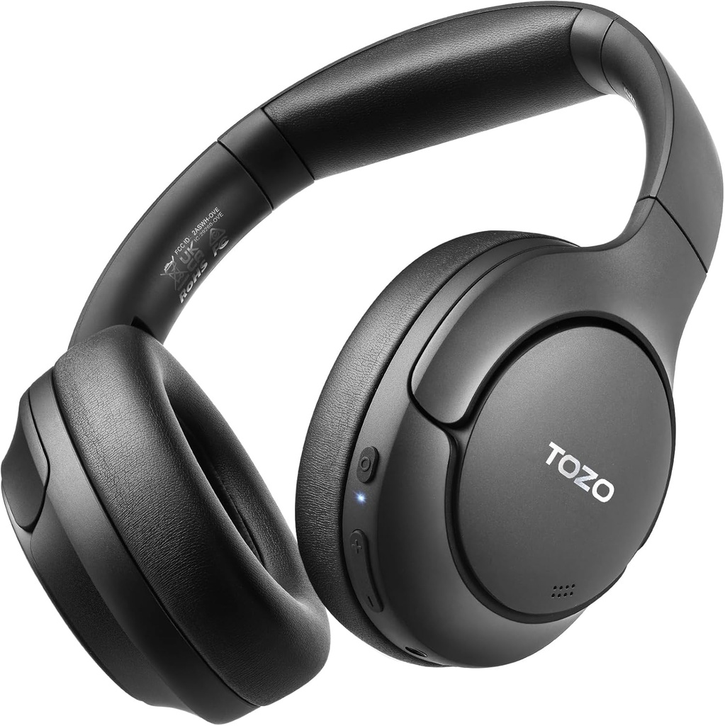 TOZO HT2 Hybrid Aktif Noise Cancelling Headphone, Nirkabel Over Ear Bluetooth Headset, 60H Playtime, EQ Gubahan Hires Audio melalui App Deep Bass Comfort Ear Cups, untuk Home Office Travel Black