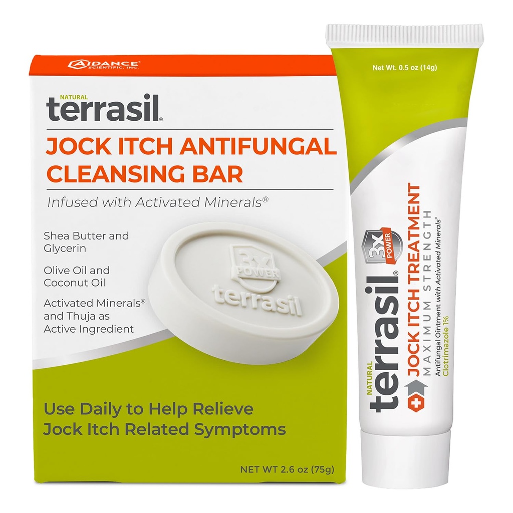 terrasil Jock Itch Antifungal Cream Strength + Antifungal Soap 2-Product Care Kit with Clinical Proven Clotrimazole for Effective Jock Itch Treatment & Relief (.5oz Tube + 75g bar)