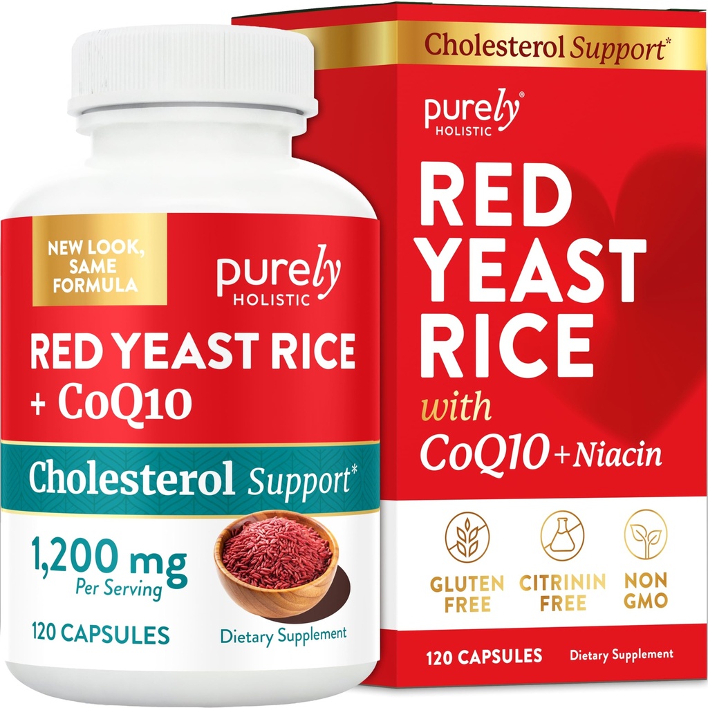 Red Yeast Rice 1200 mg dengan CoQ10 Supplemen & Flush Free Niasin 120 Ekstra Kapsul Vegetarian - Advanced Heally Heart Formula - Non-Irrinin Free