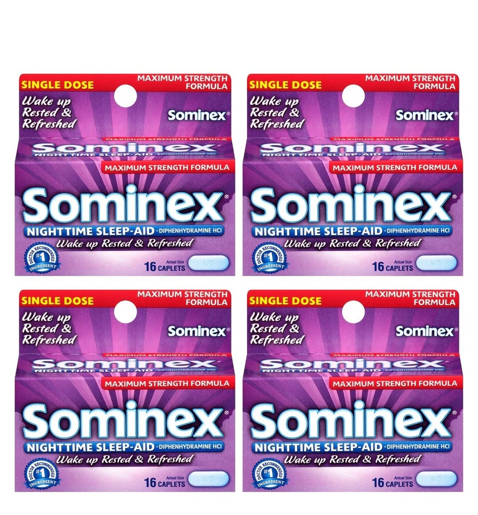 Sominex Nighttime Sleep-Aid Caplets, Maximum Strength, 16 ea (Paket 4)