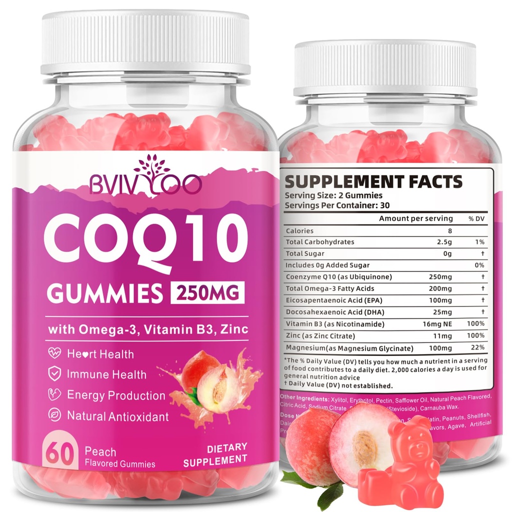 Sugar-Free CoQ10 Gummies 250mg, plus Omega-3, Vitamin B3 & Zinc, Magnesium - High Absorpsi Koenzim Q10 Suplemen Kesehatan Jantung, Cellular Energi, Dukungan Antioksidant, 60 Count