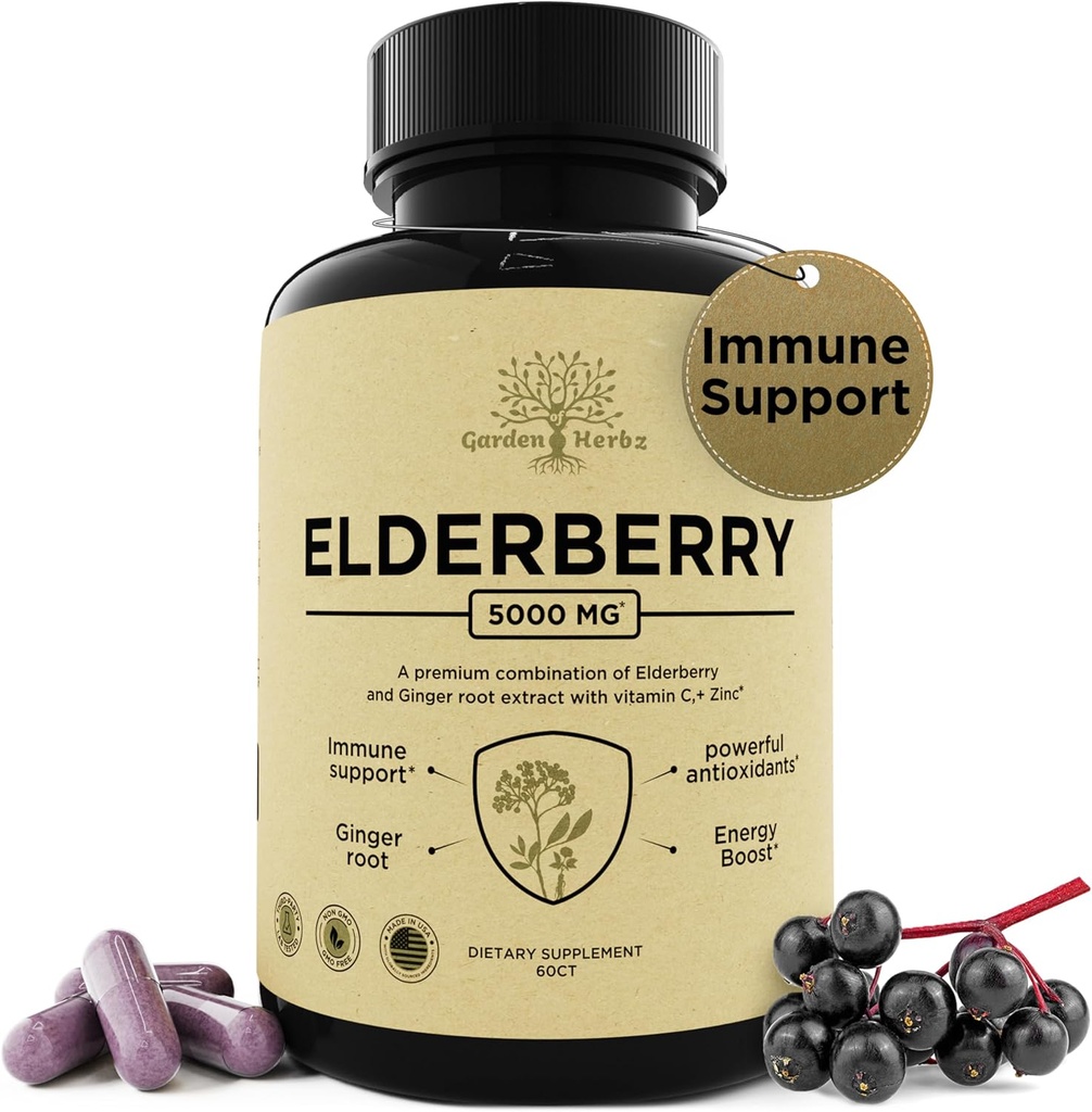 Elderberry dengan Vitamin C, Zinc, & Ginger - Mampu Booster 5000 Mg Elderberry, Zinc, & Vitamin C - Non-GMO Imunity Vitamin untuk Dewasa untuk Bantuan Anda Merasa Vibrant, 60 Caps.