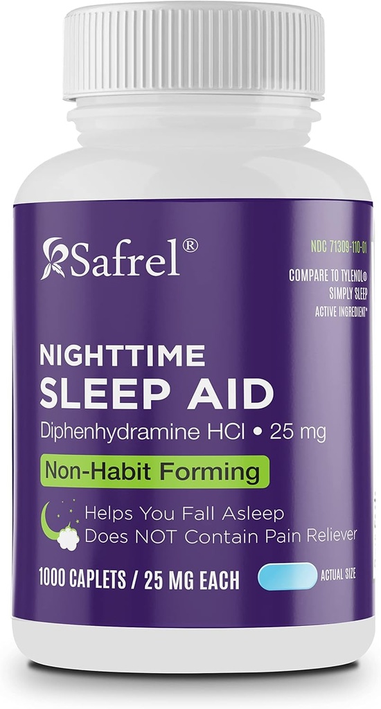 Safrel Nighttime Aid, Diphenhydramine HCl 25mg 124; Strong Non Habit-Membentuk Dukungan Tidur Pulih Untuk Pria & Perempuan 124; Fall Asleep & Wake Up Refreshed (1000 Count (Paket 1), 1000, Count)