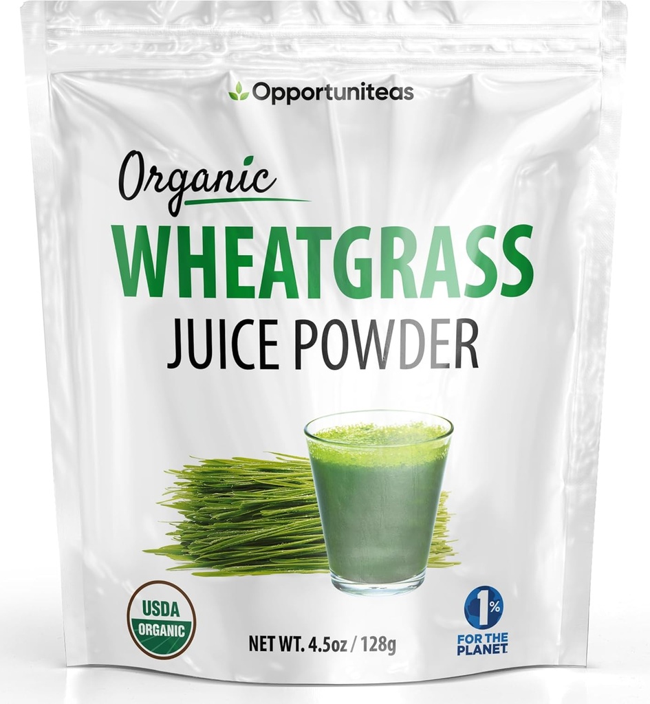 Opportuniteas Organic Raw Wheatgrass Juice Powder - Grown & Died in USA - Premium Green Superfood Suplement - Vegan & Non- GMO - 4.5 oz