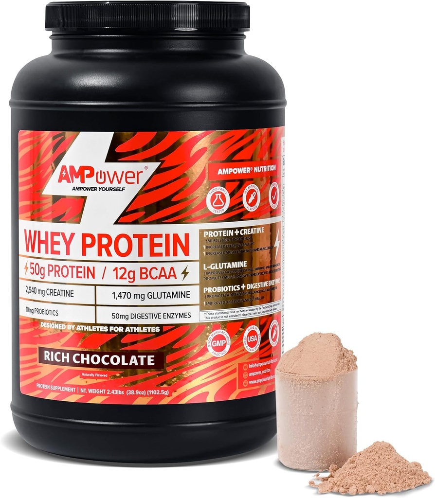 Chocolate Whey Protein Powder 124; Scientificaly- Designed Optimum Muscle Stack, Gut, Brain, Immune 124; Protein, BCAA, Creatine, L- Glutamine, Programine, Digetical Enzymes 124; Coklat Kaya, 38.9oz